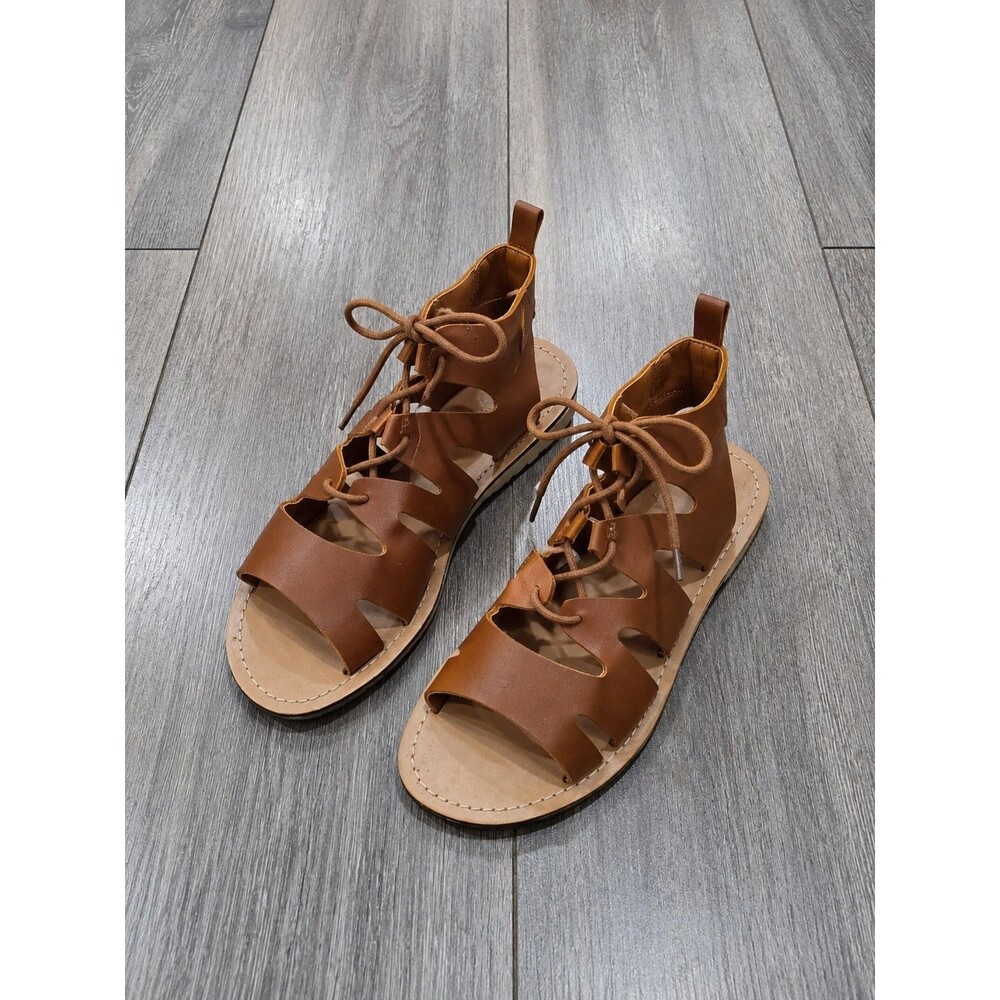 Wild Diva Womens 5.5 Brown Lace Up Gladiator Sandals Boho Cutout Flat